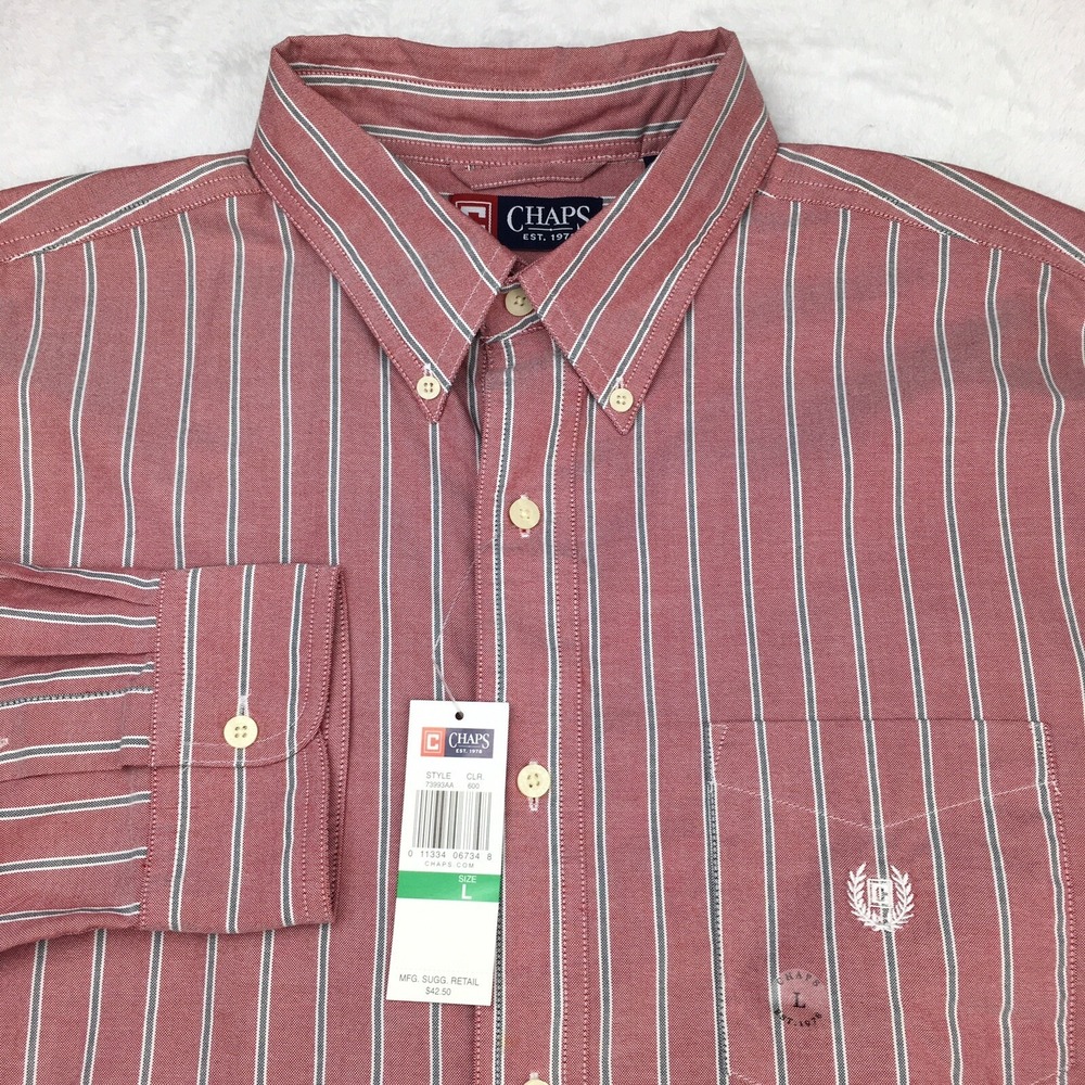 Chaps Men's Large Button Down Shirt‎ Burgundy Green Stripe Long Sleeve NWT